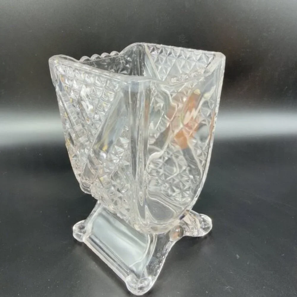 EAPG Adams & Co Clear Crossbar Finecut Footed Clear Vase Manganese 365nm UV Glow